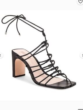 SCHUTZ Black Strappy Lace-Up Block Heel Sandal Black Quirida Sandal
